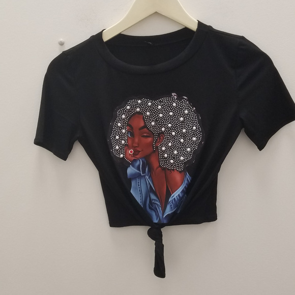 Tops - Black Big Hair Pearl & Rhinestone Crop Top